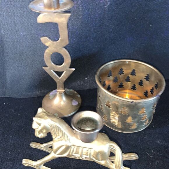 Triptych Brass Candle Holder Set - Joy Design, Rocking Horse, Voltive Pine Trees - Picture 3 of 13